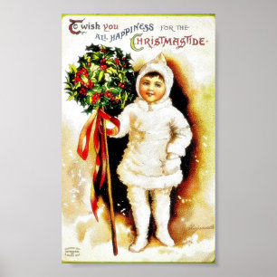 Poster Salutation de Noël avec un garçon tenant des feuil