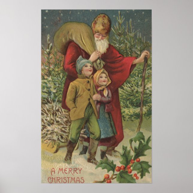 Poster Salutation de NoëlSanta Marcher avec les enfants (Devant)