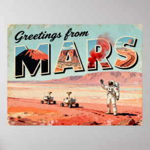 Poster Salutations de l'affiche Mars Retro Sci-Fi