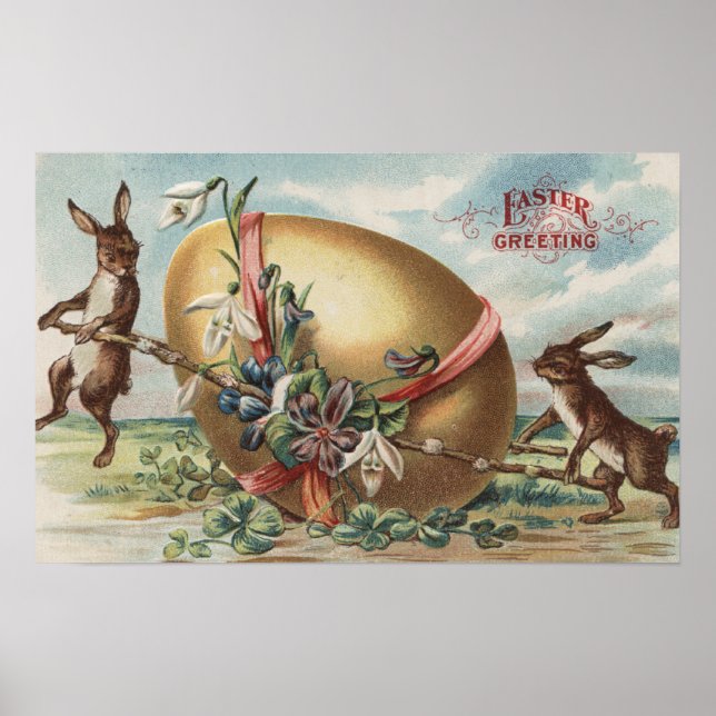 Poster Salutations de PâquesLapins par un Oeuf Décoré (Devant)