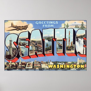 Poster Salutations de Seattle Washington, Vintage