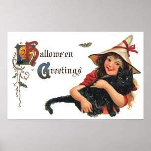 Poster Salutations d'Halloween vintage, sorcière enfant a