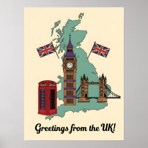 Poster Salutations du Royaume-Uni British Landmarks Trave