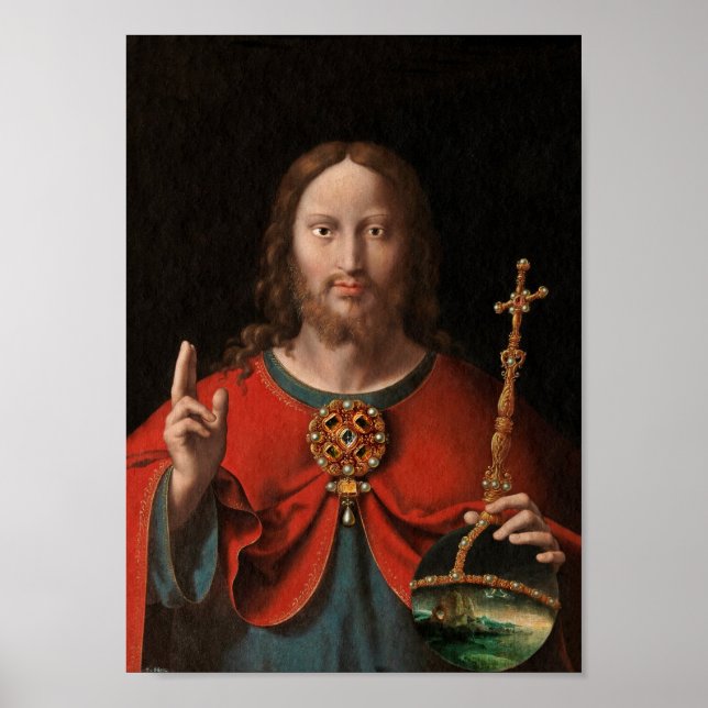 Poster Salvator Mundi avec le personnel bijoux et l'orbe (Devant)