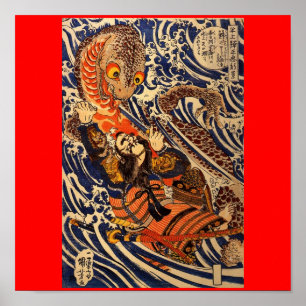 Poster Samouraï combattant de grands reptiles vers les an