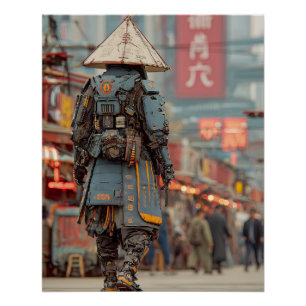 Poster Samouraï Cyberpunk Méca Chapeau Conique