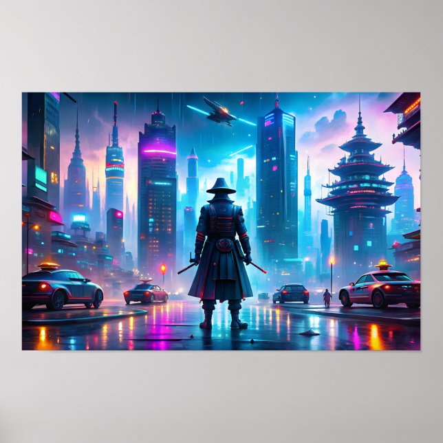 Poster Samouraï solitaire dans la ville futuriste (Devant)