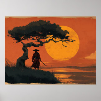 Poster Samouraï sous l'arbre du coucher de soleil dans le