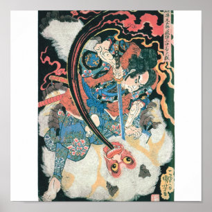 Poster Samouraï tuant un démon, peinture japonaise ancien
