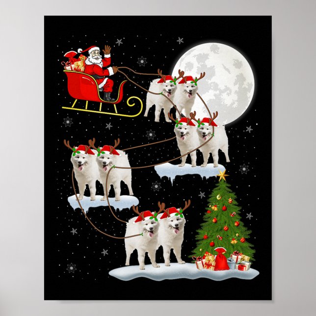 Poster Samoyed Dog Santa Sleigh Flying Funny Magical Chri (Devant)