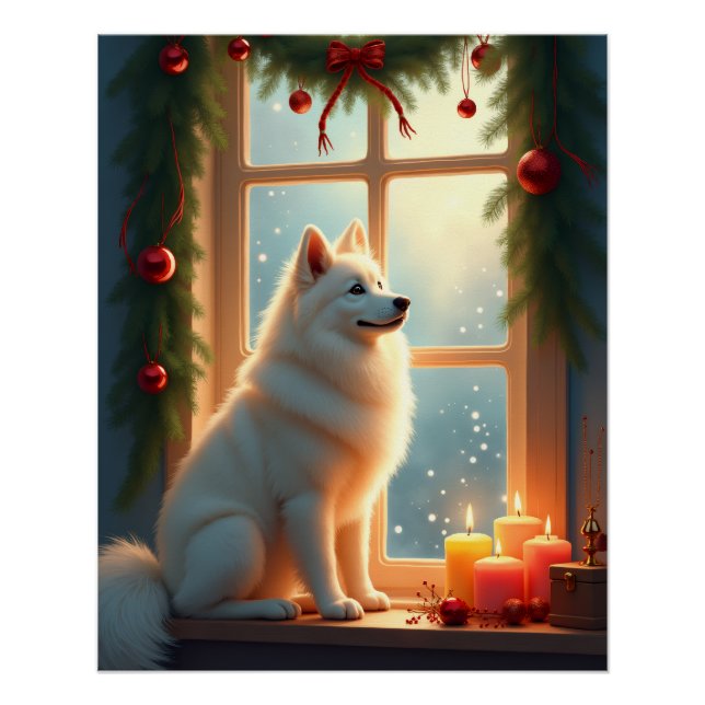 Poster Samoyed Under the Mistletoe Christmas Painting (Devant)