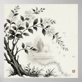 Poster Sampaguita — Fleur Nationale Philippine Sumi-e