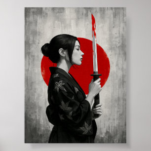 Poster Samurai femme avec Katana devant le soleil rouge