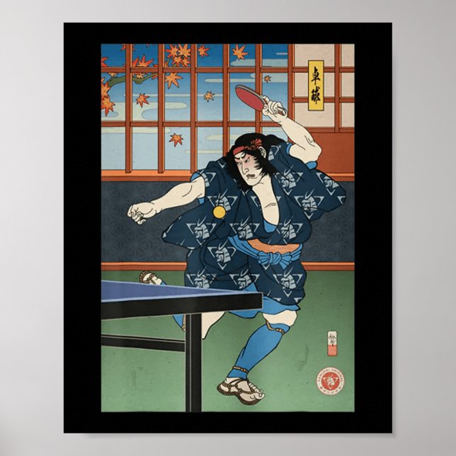 Poster Samurai Jouer Table Tennis Ping Pong Ukiyoe (Devant)