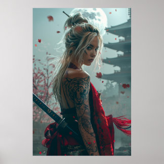 Poster Samurai woman warrior with katana — Japanese cultu