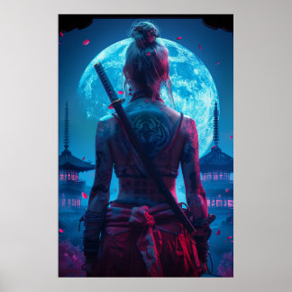 Poster Samurai woman warrior with katana — Japanese cultu