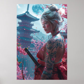 Poster Samurai woman warrior with katana — Japanese cultu