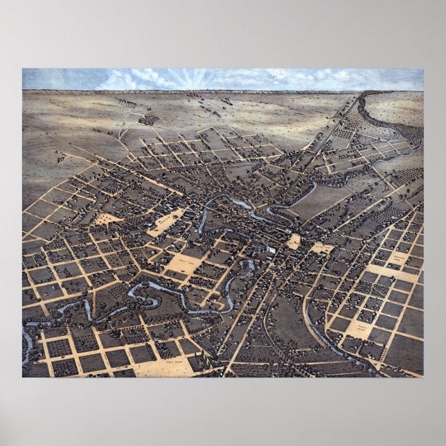Poster San Antonio, Texas, Antique Aerial City Map, 1873 (Devant)