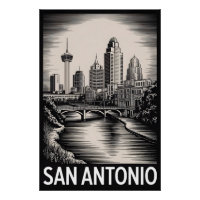 San Antonio Texas Skyline Noir et Blanc Gravure su