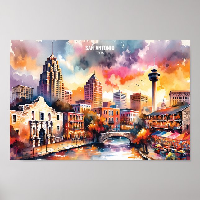 Poster San Antonio Texas USA Travel Places aquarelle (Devant)