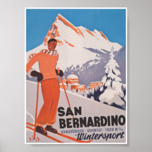 Poster San Bernardino Suisse Voyage Vintage en ski