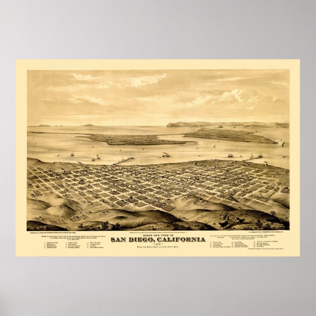Poster San Diego, CA Carte panoramique - 1876 (Devant)