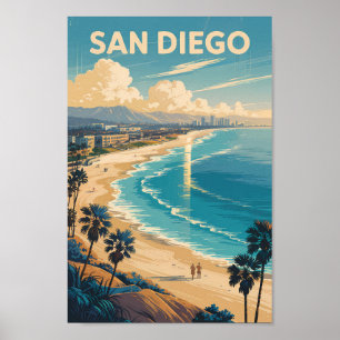 Poster San Diego California Skyline Travel Art Vintage