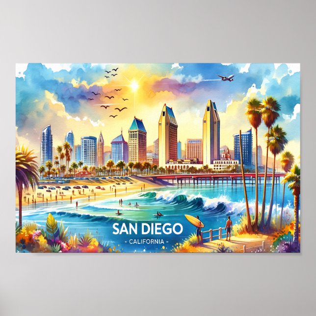 Poster San Diego California Travel Places aquarelle (Devant)