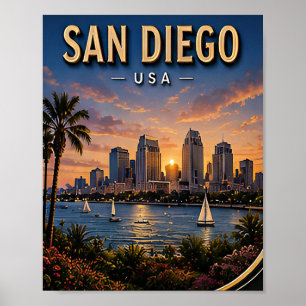 Poster San Diego, port de voyage et skyline côtier