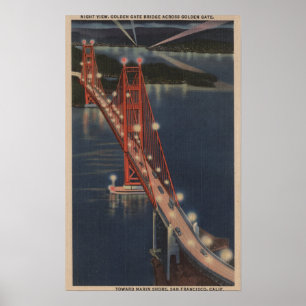 Poster San Francisco, CA - vue de nuit de Golden Gate