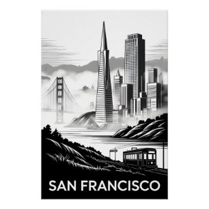 Poster San Francisco Californie Gravure sur bois Noir Bla