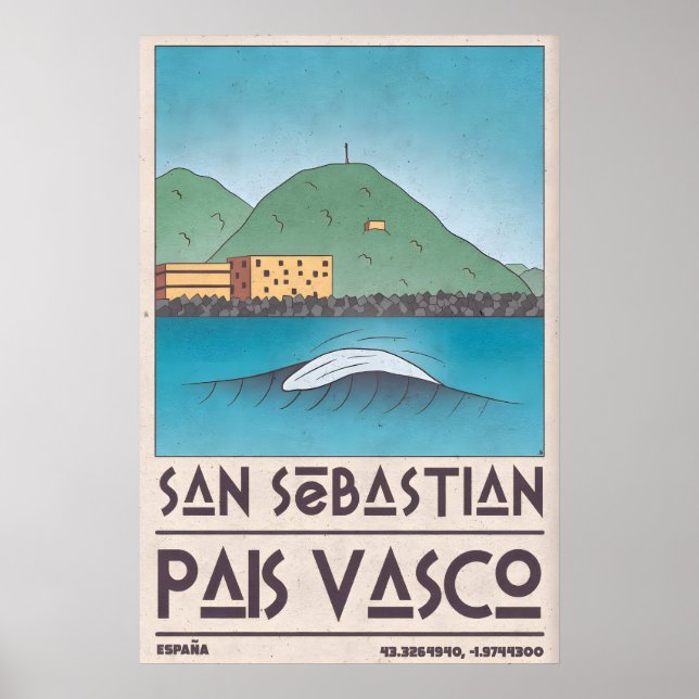 Poster San Sebastian Art Print Curling Wave, Mid Century (Devant)