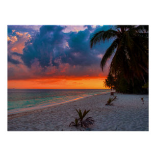 Poster Sandy Hawaiian Island Sunset Palm Beach Paradise