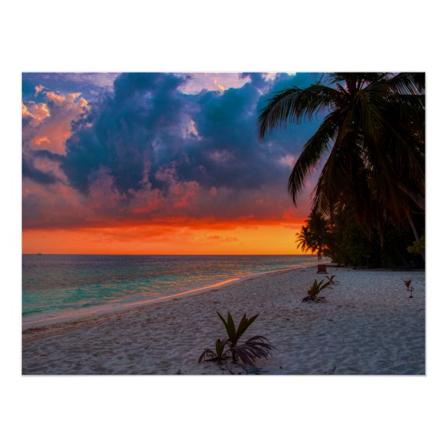 Poster Sandy Hawaiian Island Sunset Palm Beach Paradise (Devant)