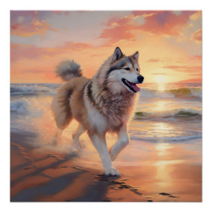 Poster Sandy Paws Alaskan Malamute Chien sur le coucher d