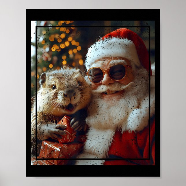 Poster Santa And Beaver Selfie Funny Christmas Design  (Devant)