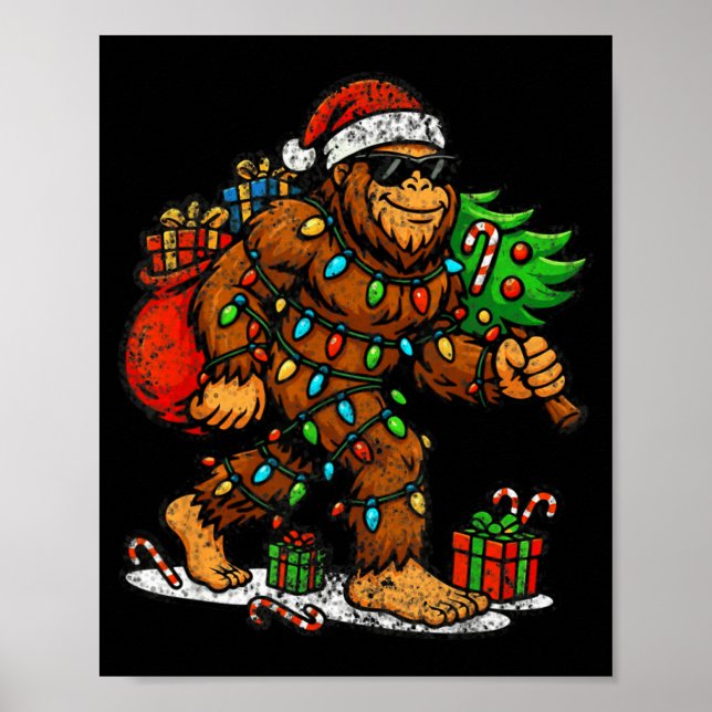 Poster Santa Bigfoot Christmas Tree Xmas Lights Funny Sas (Devant)