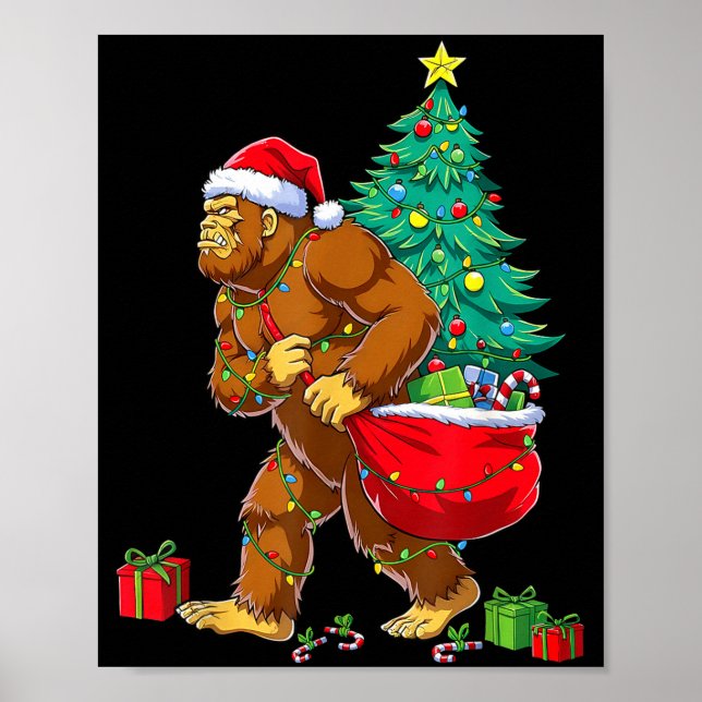 Poster Santa Bigfoot Christmas Tree Xmas Lights Funny Sas (Devant)