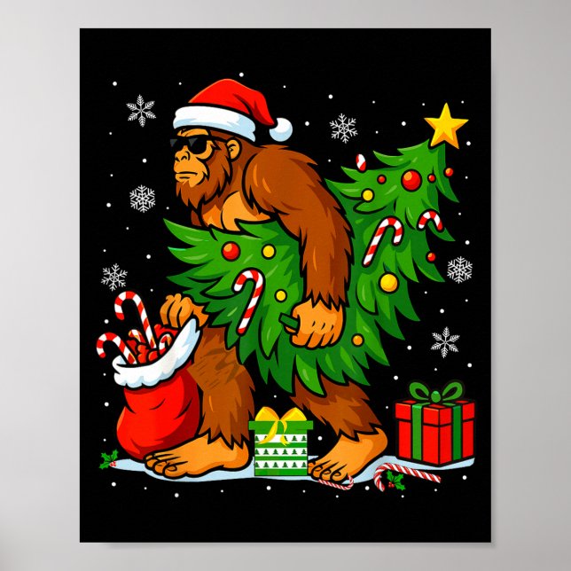 Poster Santa Bigfoot Christmas Tree Xmas Lights Funny Sas (Devant)