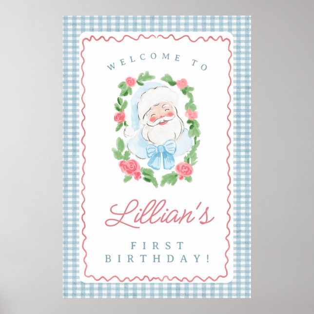 Poster Santa Birthday Sign with Blue Gingham and Roses (Devant)