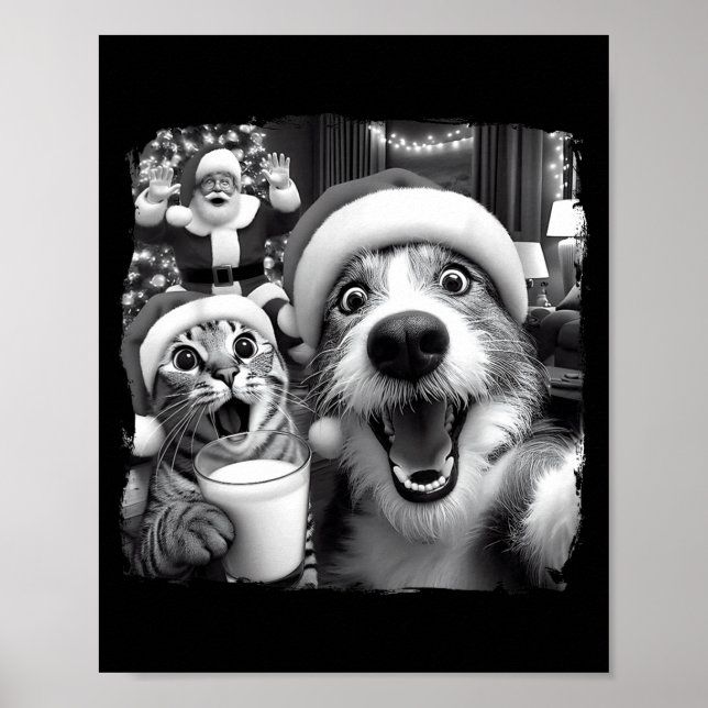 Poster Santa Christmas Funny Cat Taking Selfie Racoon Xma (Devant)