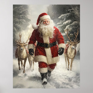 Poster Santa Claus and Reindeer Christmas Wall Art