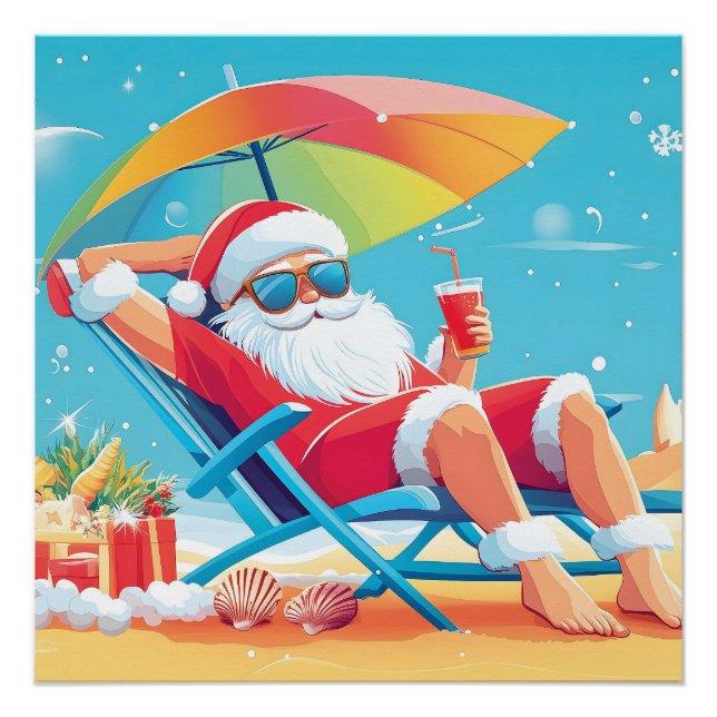 Poster Santa Claus Se détendre sur une plage tropicale (Devant)
