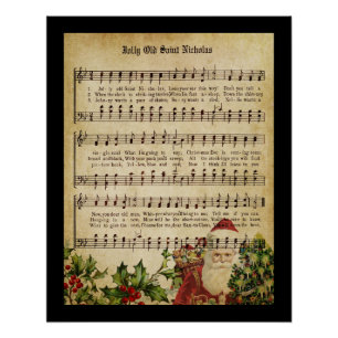 Poster Santa Claus Victorien vintage musique Score et cha