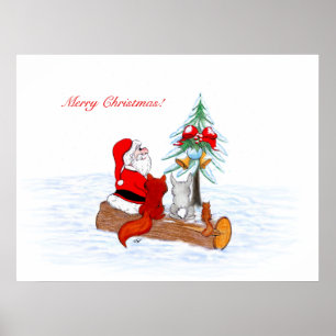 Poster Santa Claus with Rabbit Fox and Squirrel