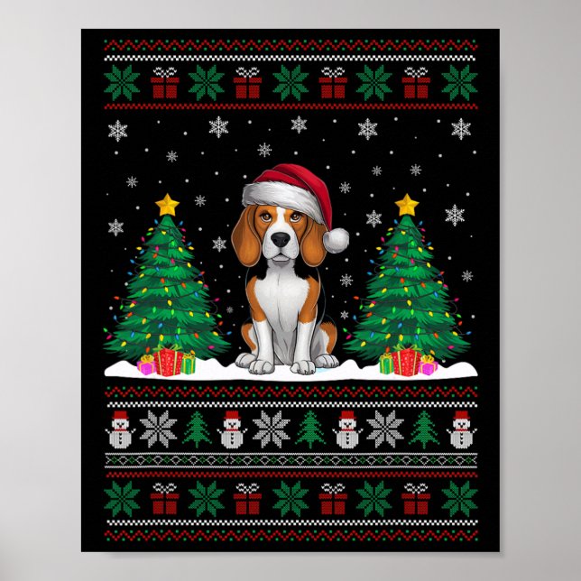 Poster Santa Hat Chien Beagle Noël Lumières Arbre Vilain (Devant)