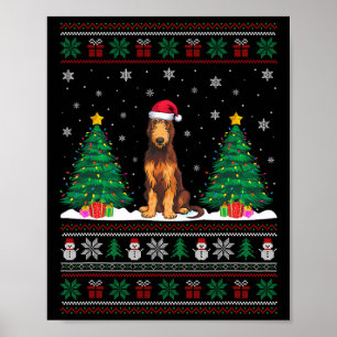 Poster Santa Hat Irish Wolfhound Chien Xmas Tree Lumières