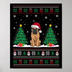 Poster Santa Hat Mastiff Chien Noël Les lumières des arbr