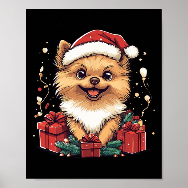 Poster Santa Hat Poméranien joli Noël Pom Noël (Devant)