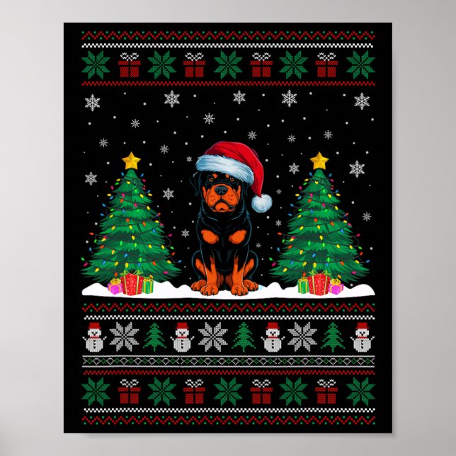Poster Santa Hat Rottweiler Chien Noël Arbre Lumière Ugl (Devant)